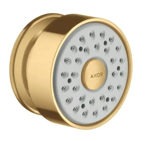 Runde Brause in Goldoptik mit mehreren Düsen. Produkt von Hansgrohe, geeignet für Dusche, mit einfachem Design und klaren Linien.